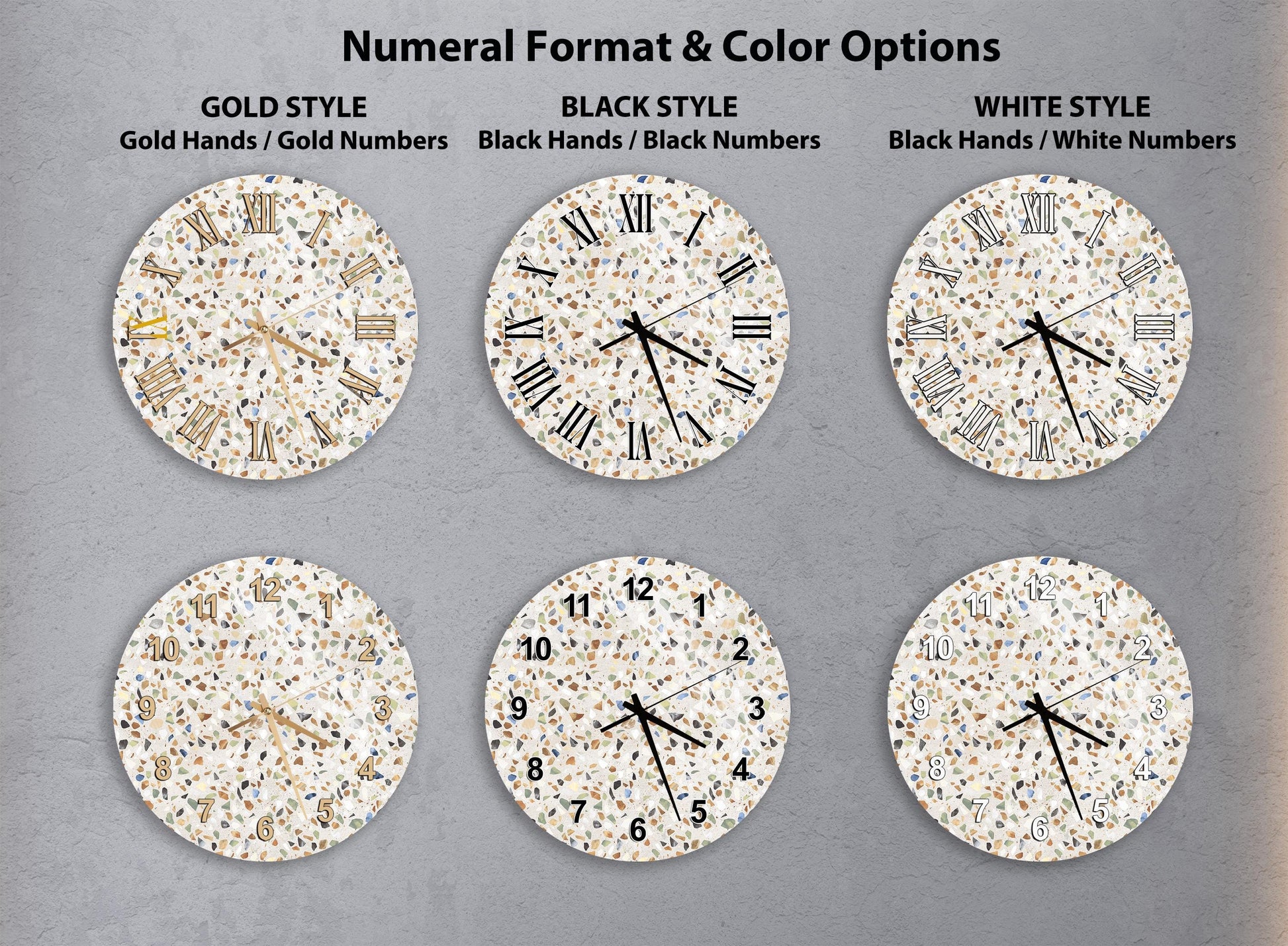 a collection of six different wall clocks, each with a unique design and color scheme. The clocks are arranged in a grid format, with two clocks in each row and three clocks in each column. The clocks feature various styles, including gold hands, gold numbers, black hands, black numbers, white hands, and white numbers. The clocks are set against a neutral gray background, allowing the colors and designs to stand out prominently.