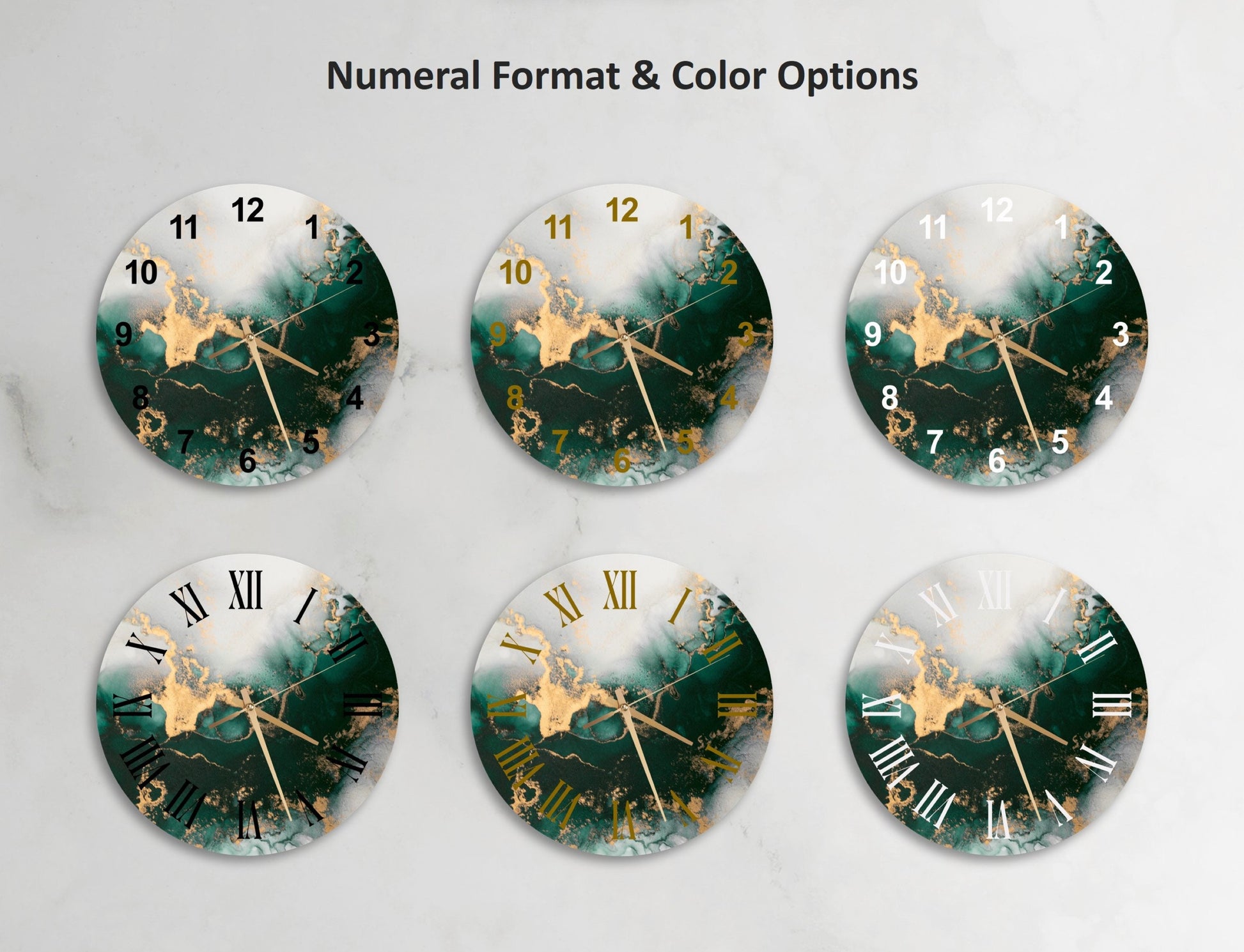 a set of four clocks with different designs on them