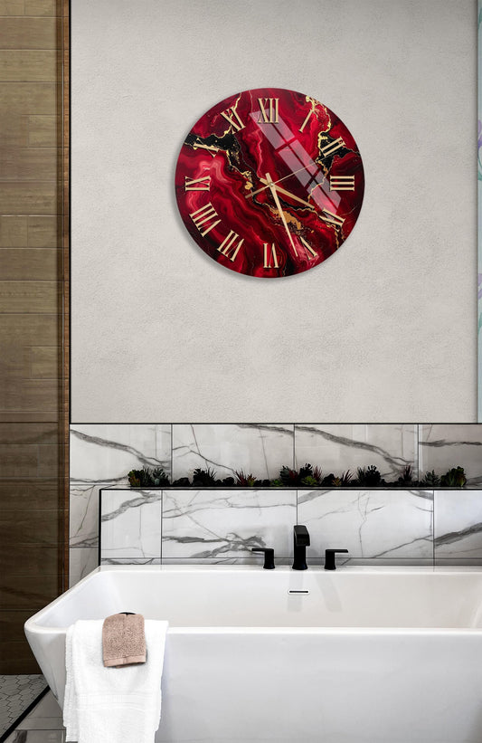 Red Marble Wall Clock – Tempered Glass Clock With Gold Accent, Modern Decor
