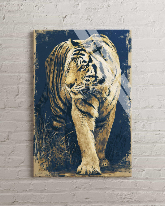 Tiger Tempered Glass Art – Majestic Jungle King Portrait | Blue Gold Bengal Cat