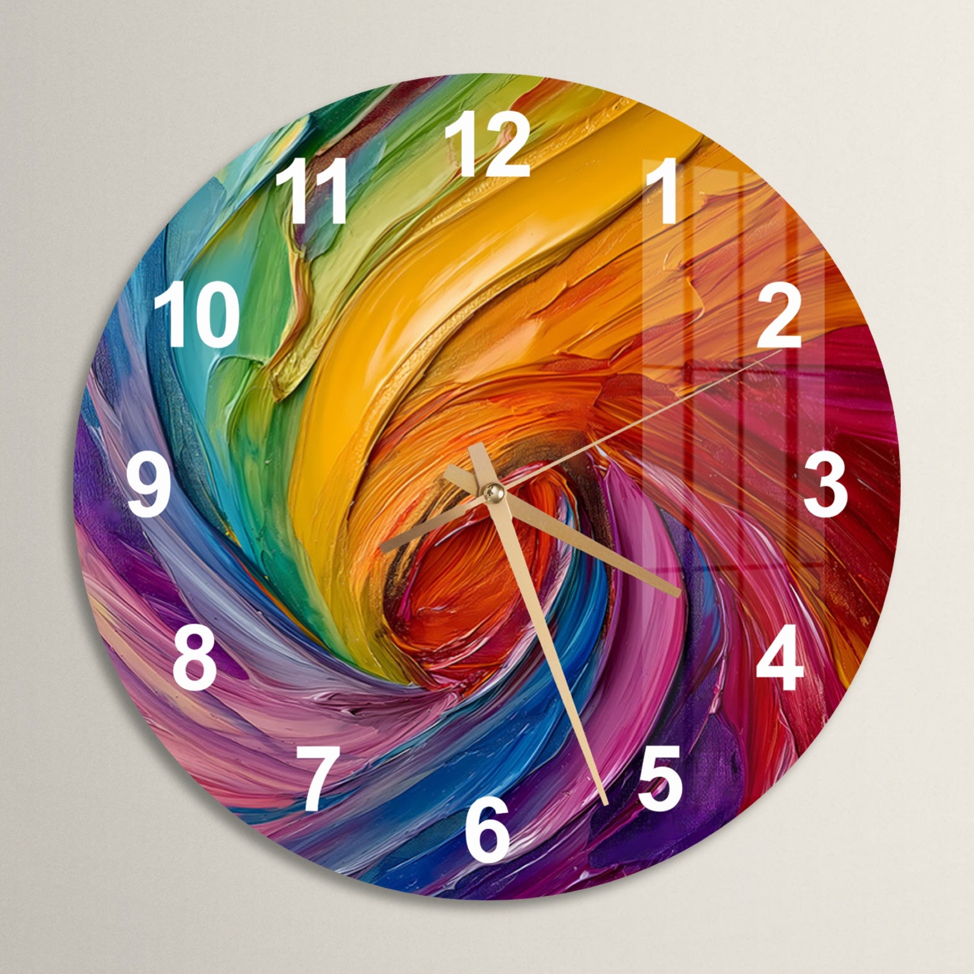 a multicolored clock with numbers on it