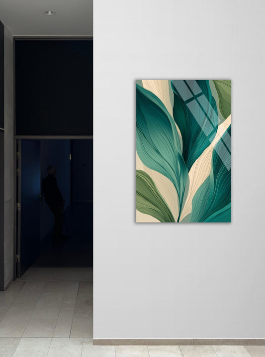 Emerald Leaf Wall Art - Botanical Print Tempered Glass Large Wall Decor