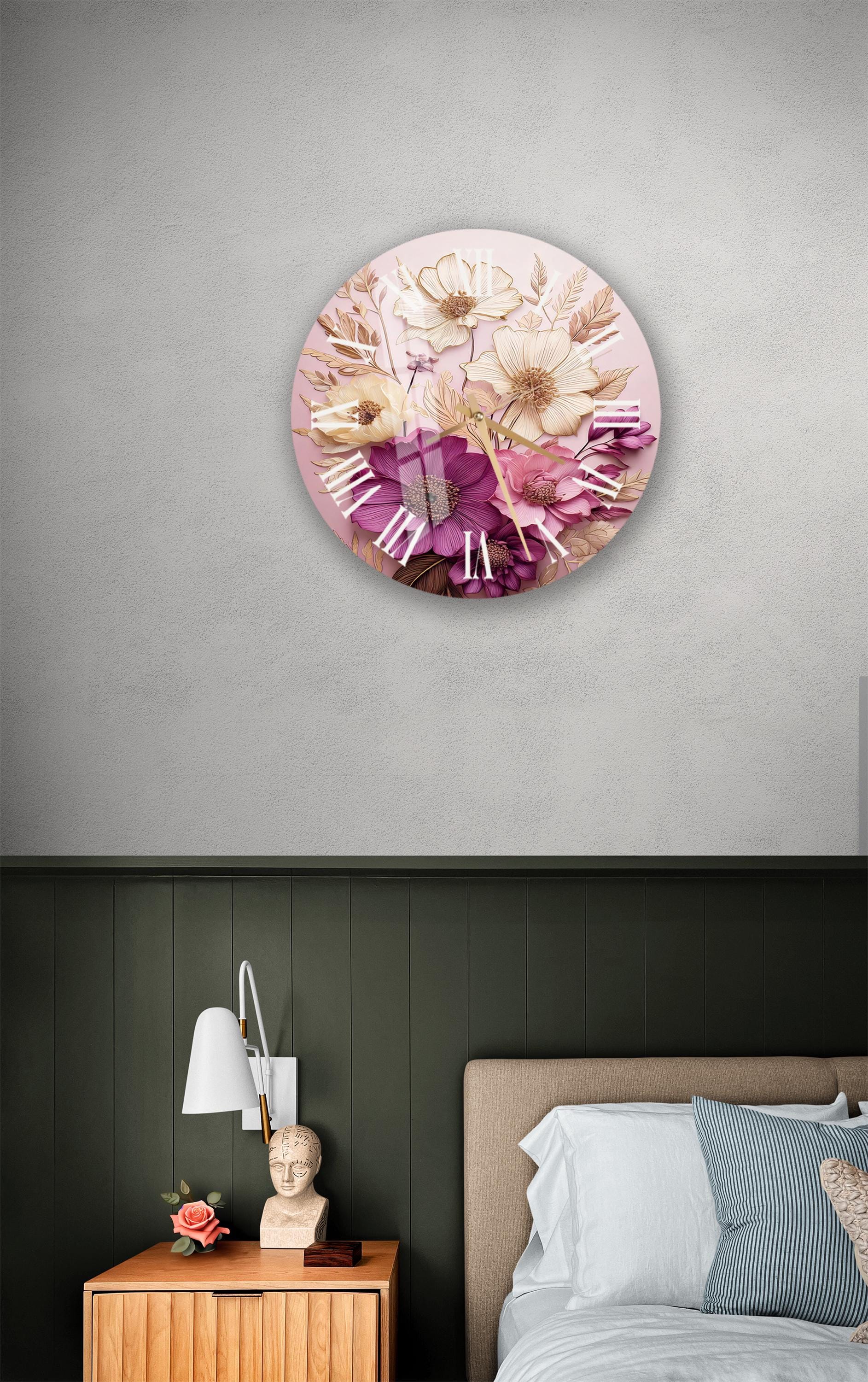 a bed room with a bed and a clock on the wall
