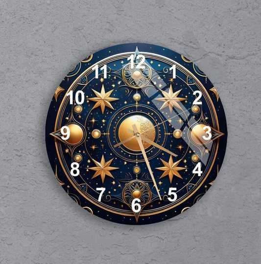 Tempered Glass Wall Clock - Celestial Lunar Phases Blue Decor | Silent, Scratch Resistant