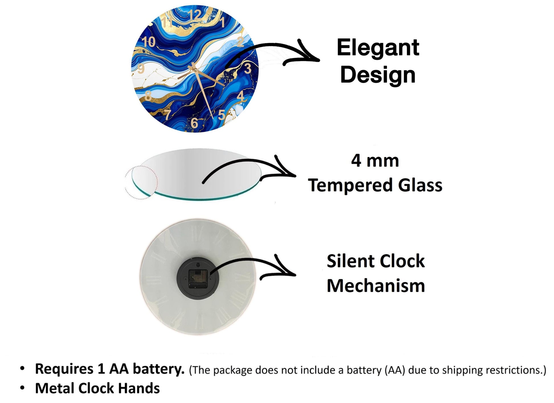 The image is a diagram that illustrates the features of a clock, including its design, materials, and mechanism.