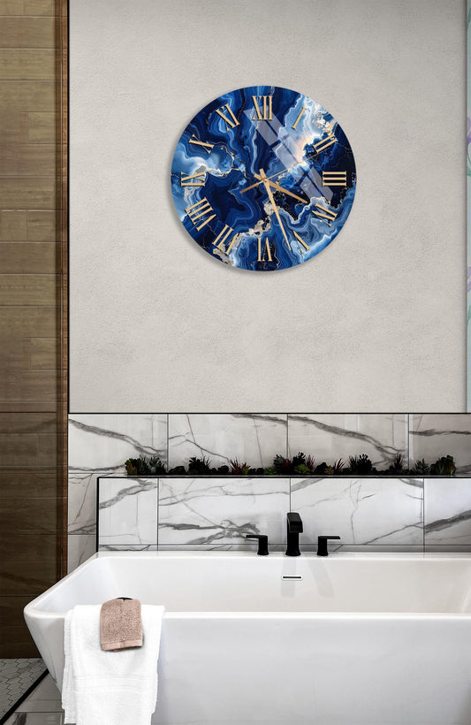Blue Agate Wall Clock – Tempered Glass Clock, Silent Modern Home Decor, Gift
