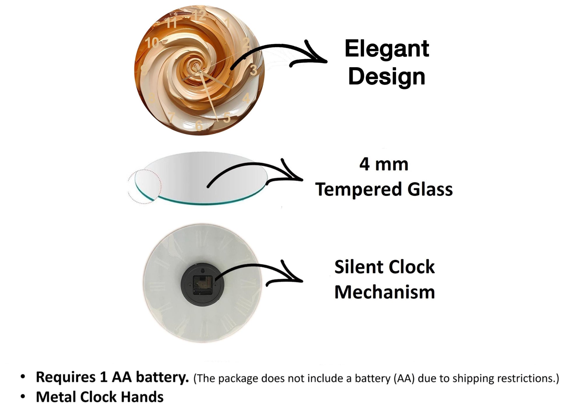 The image is a diagram that illustrates the features of a clock, including its design, materials, and mechanism.