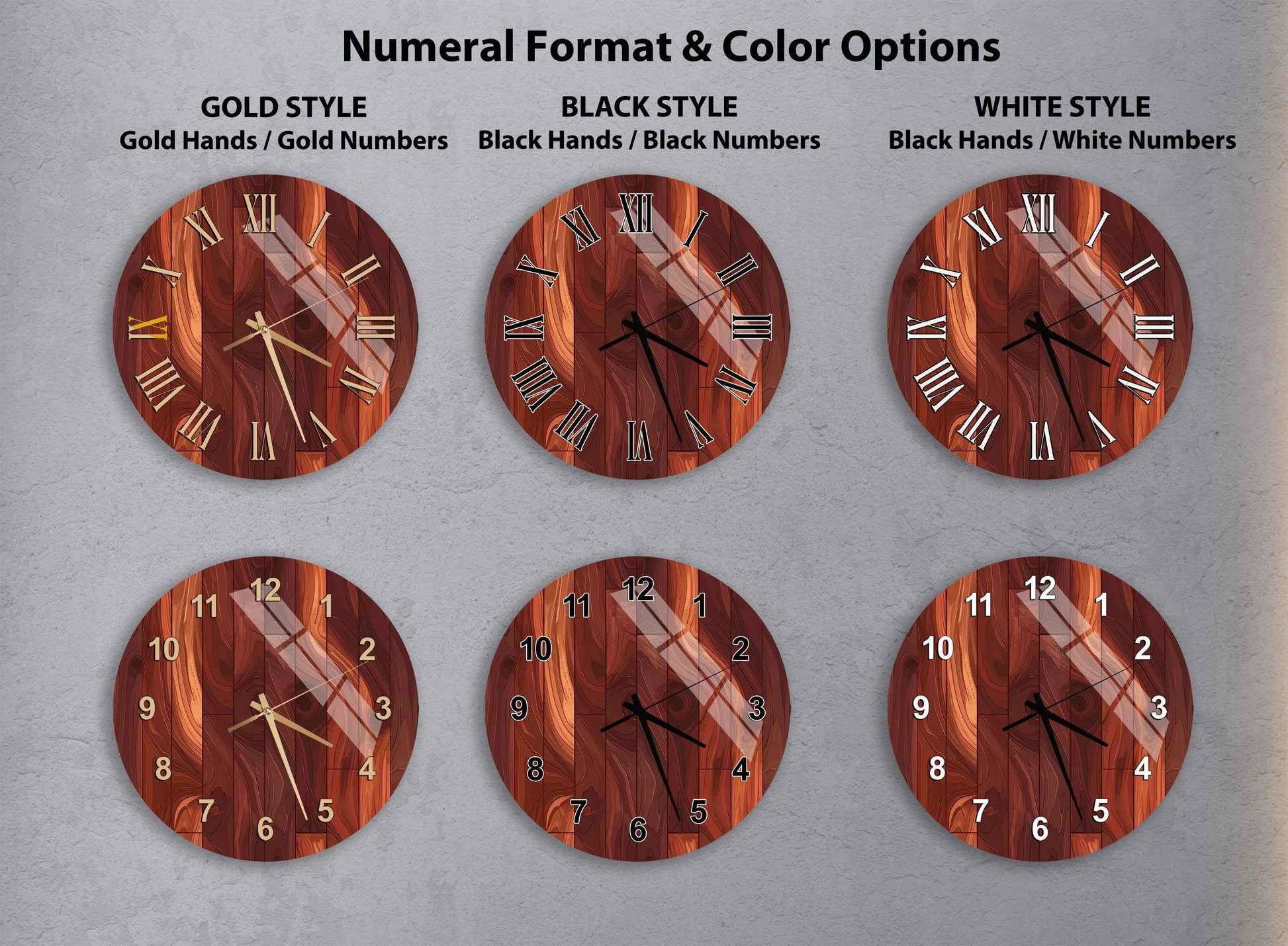a collection of six different wooden wall clocks, each with a unique design and color scheme. The clocks are arranged in a grid format, with two clocks in each row and two columns. The clocks feature various styles, including gold hands, gold numbers, black hands, black numbers, black hands/white numbers, and white hands/white numbers. The clocks are set against a gray background, which highlights their distinct features and colors.