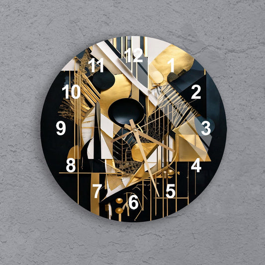 a black and gold clock on a gray wall