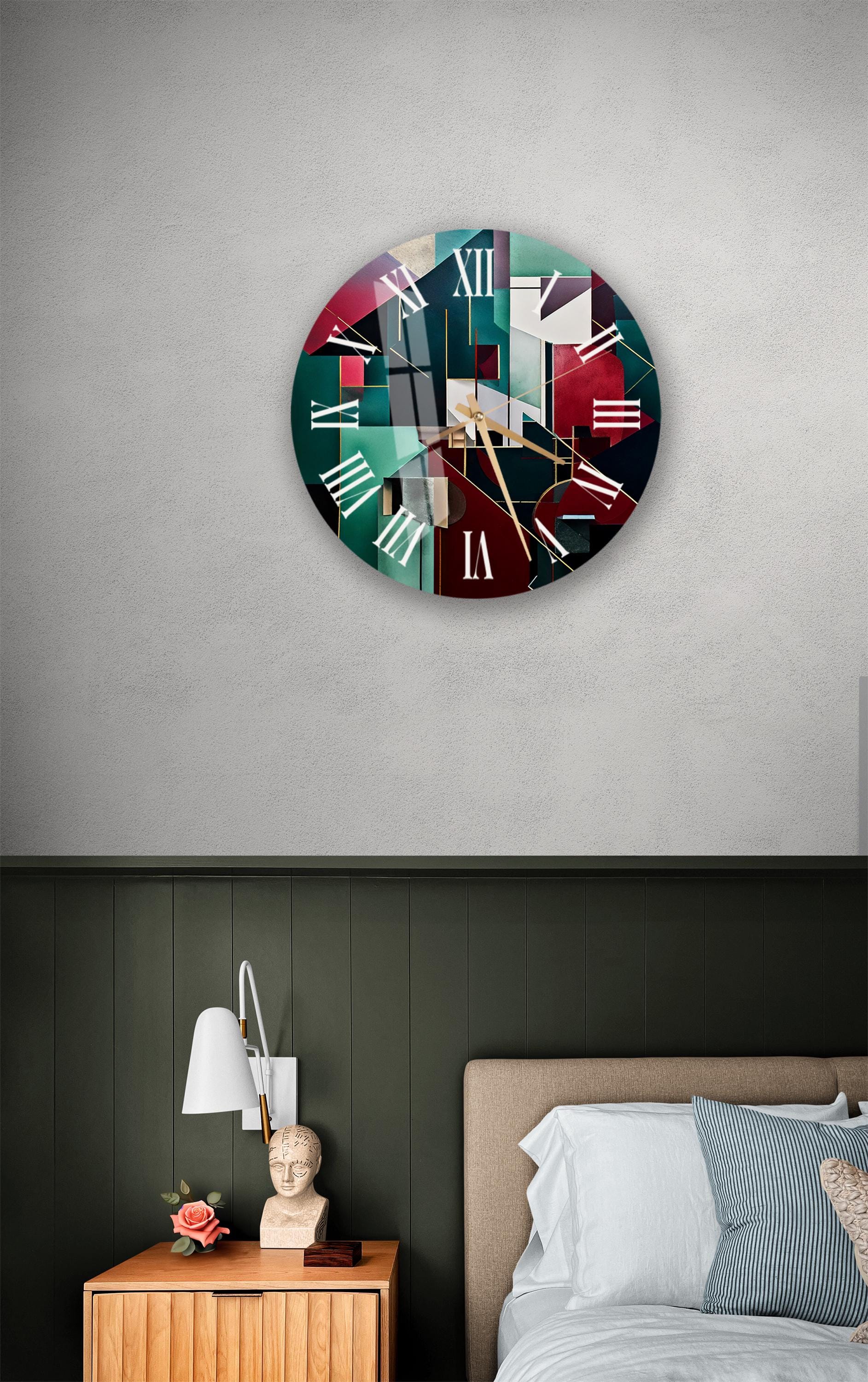 a bedroom with a bed and a large clock on the wall