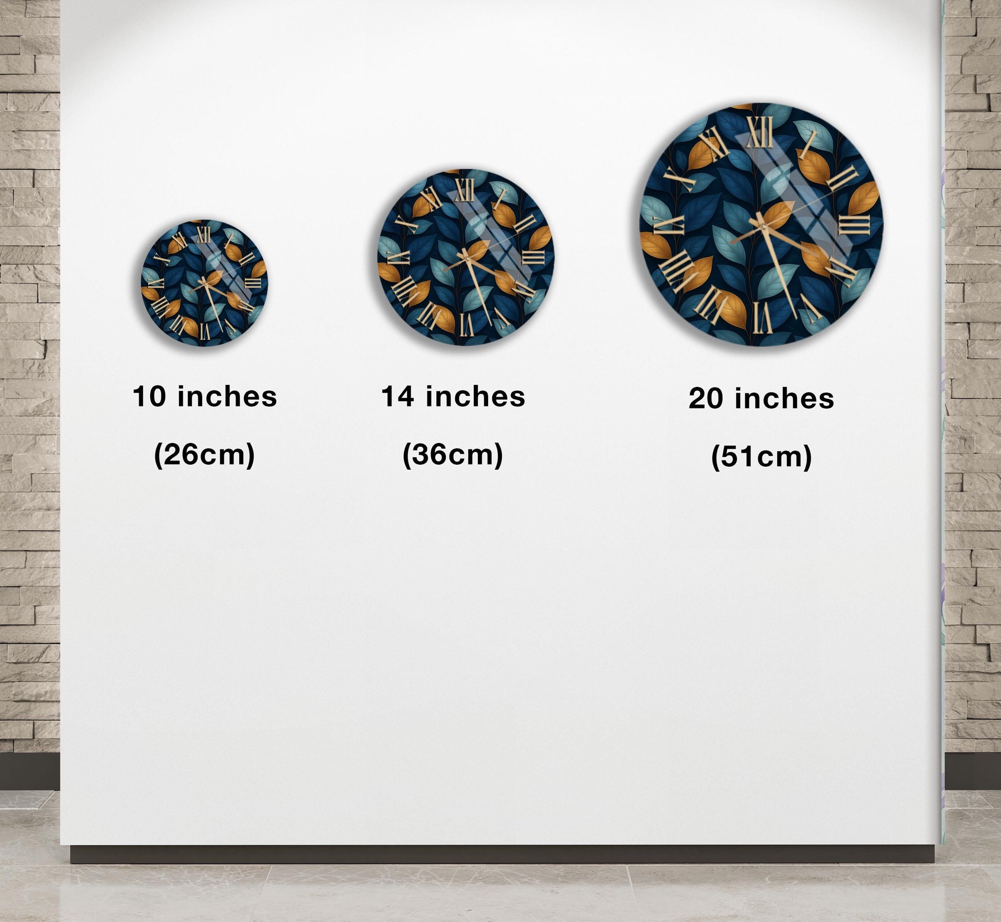 three different clock designs, each with a unique size and style, displayed on a white wall.