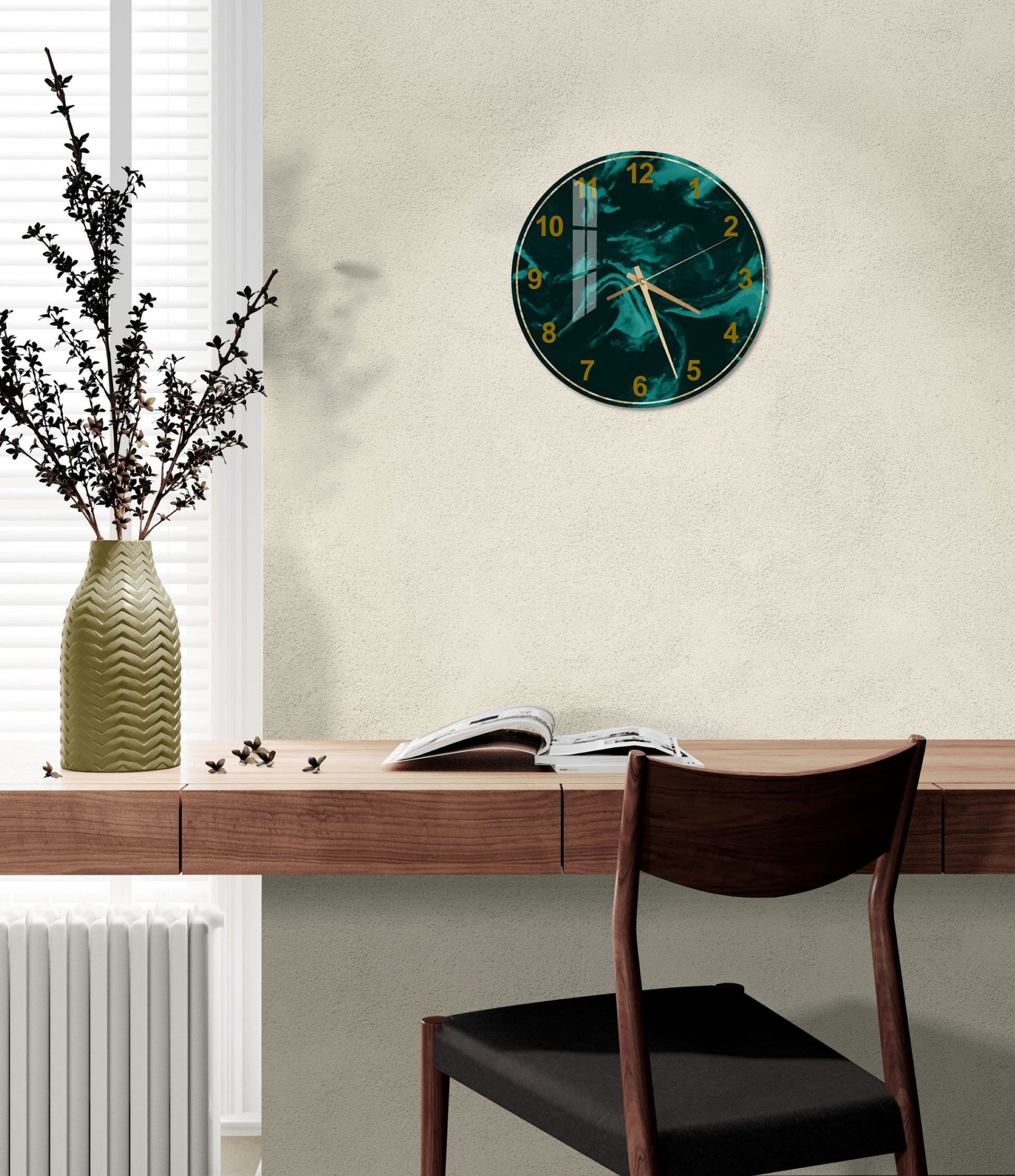 a table with a chair and a clock on the wall
