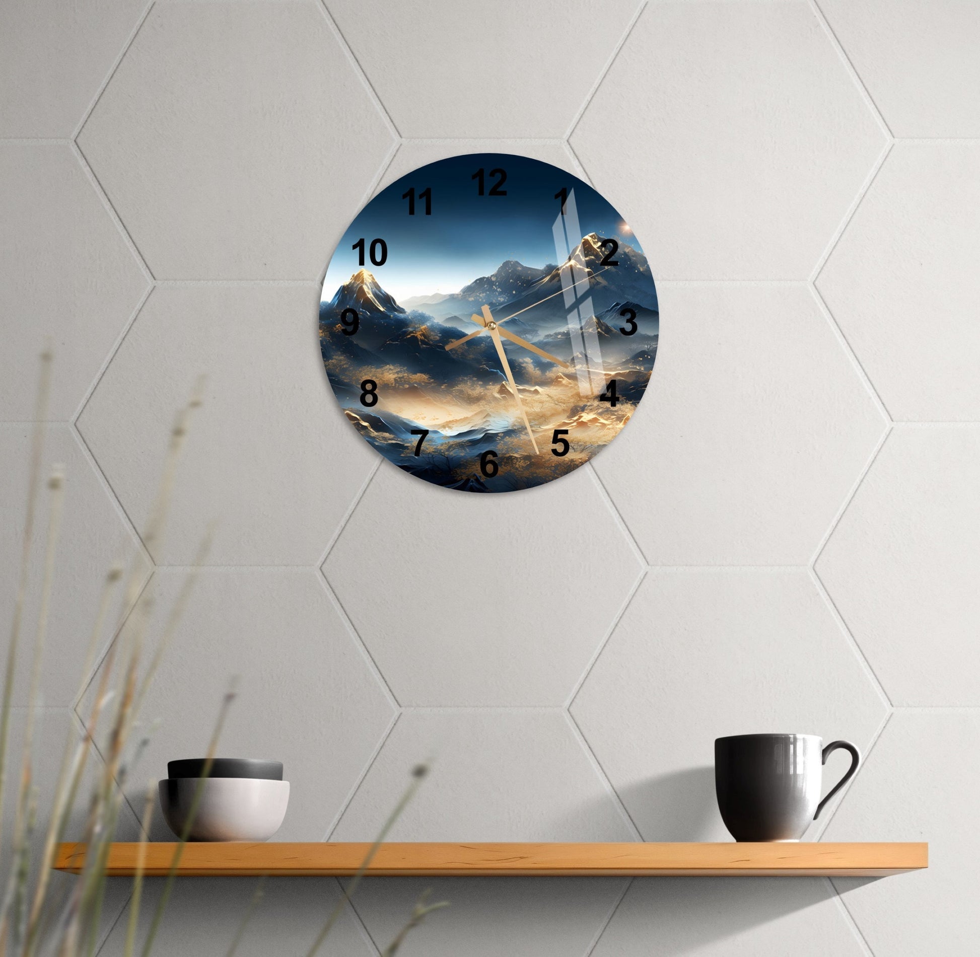 a clock on a wall with mountains in the background