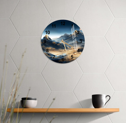 a clock on a wall with mountains in the background