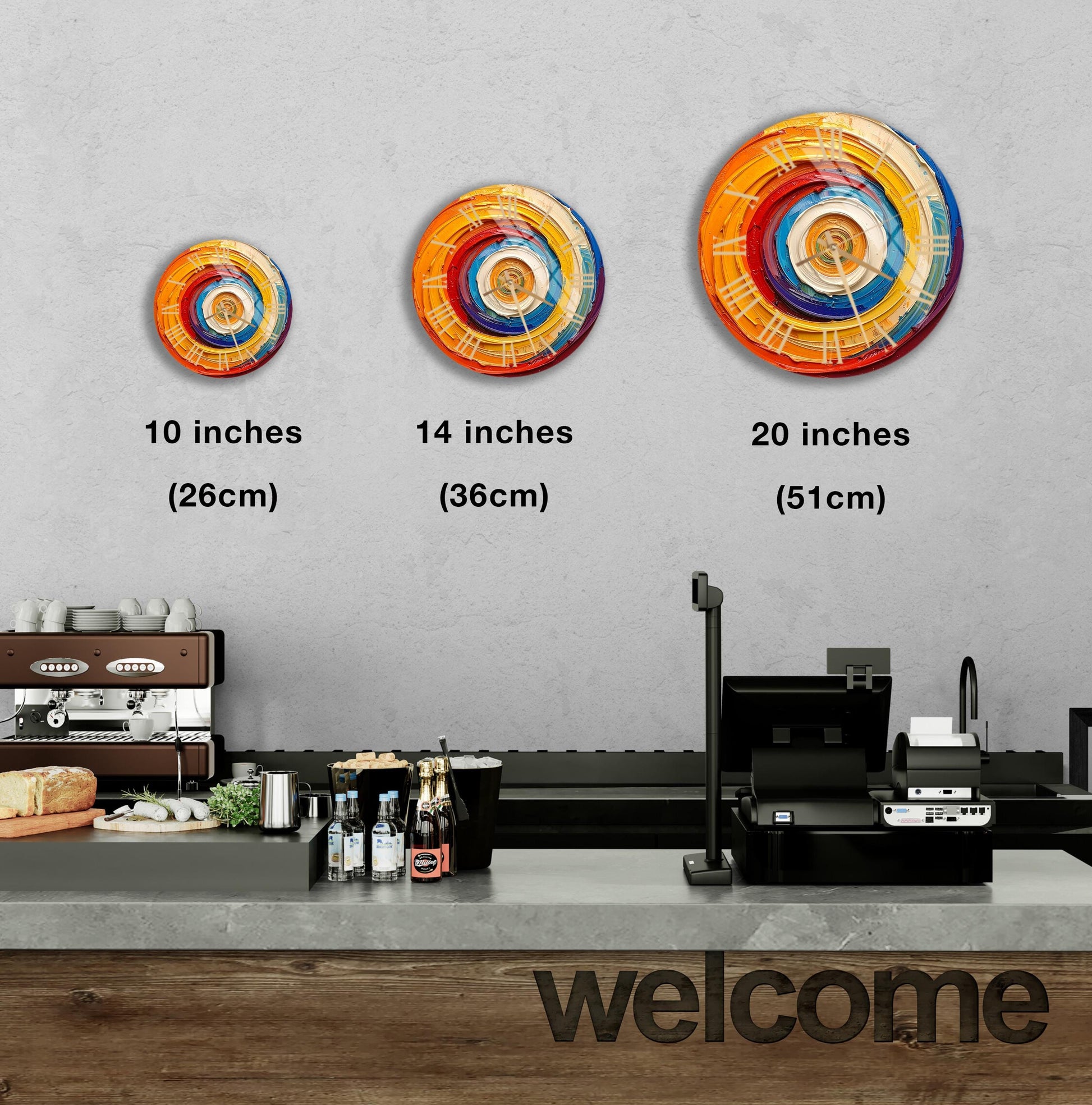 a counter with a cash register, a coffee machine, and a welcome sign. There are three clock-like designs on the wall, each representing a different size: 10 inches, 14 inches, and 20 inches.