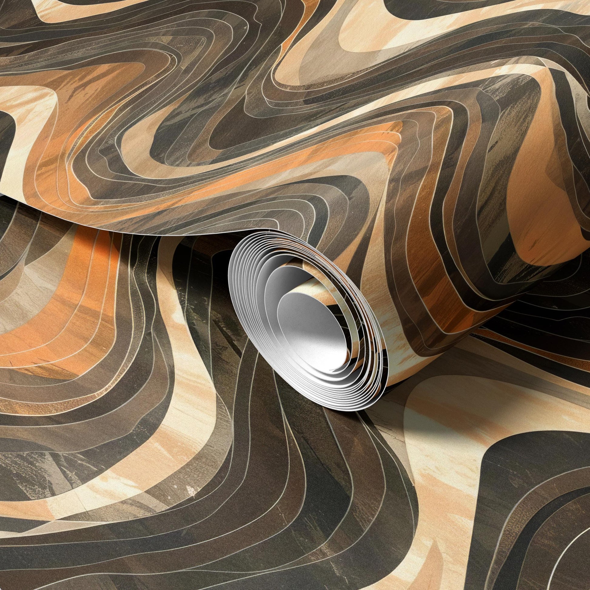 a roll of wallpaper with a swirling, abstract pattern in shades of brown, orange, and black.