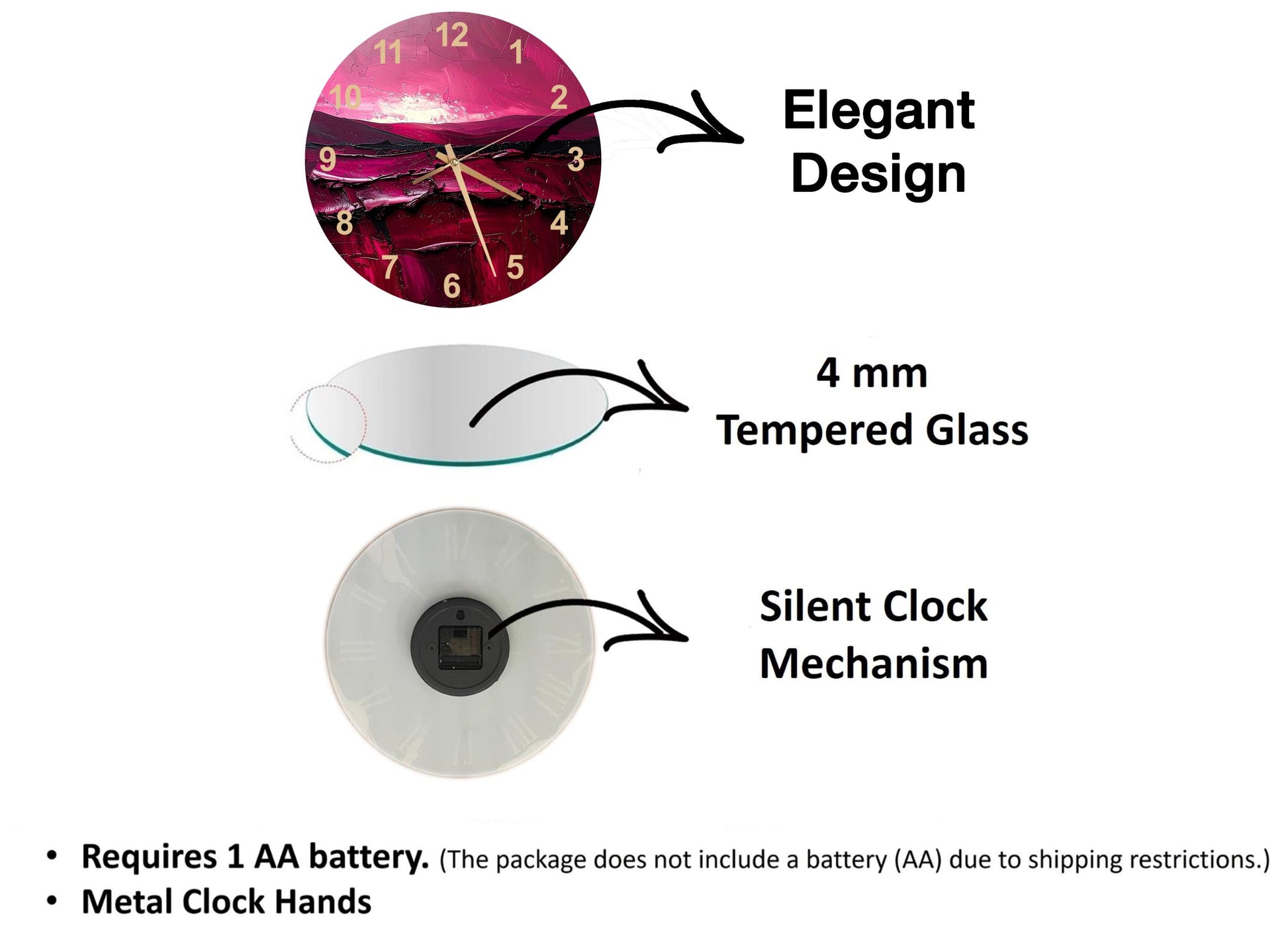 three different types of clocks: a 4 mm Tempered Glass clock, a Silent Clock Mechanism clock, and a Metal Clock Hands clock. Each clock has a different design and requires a specific type of battery.