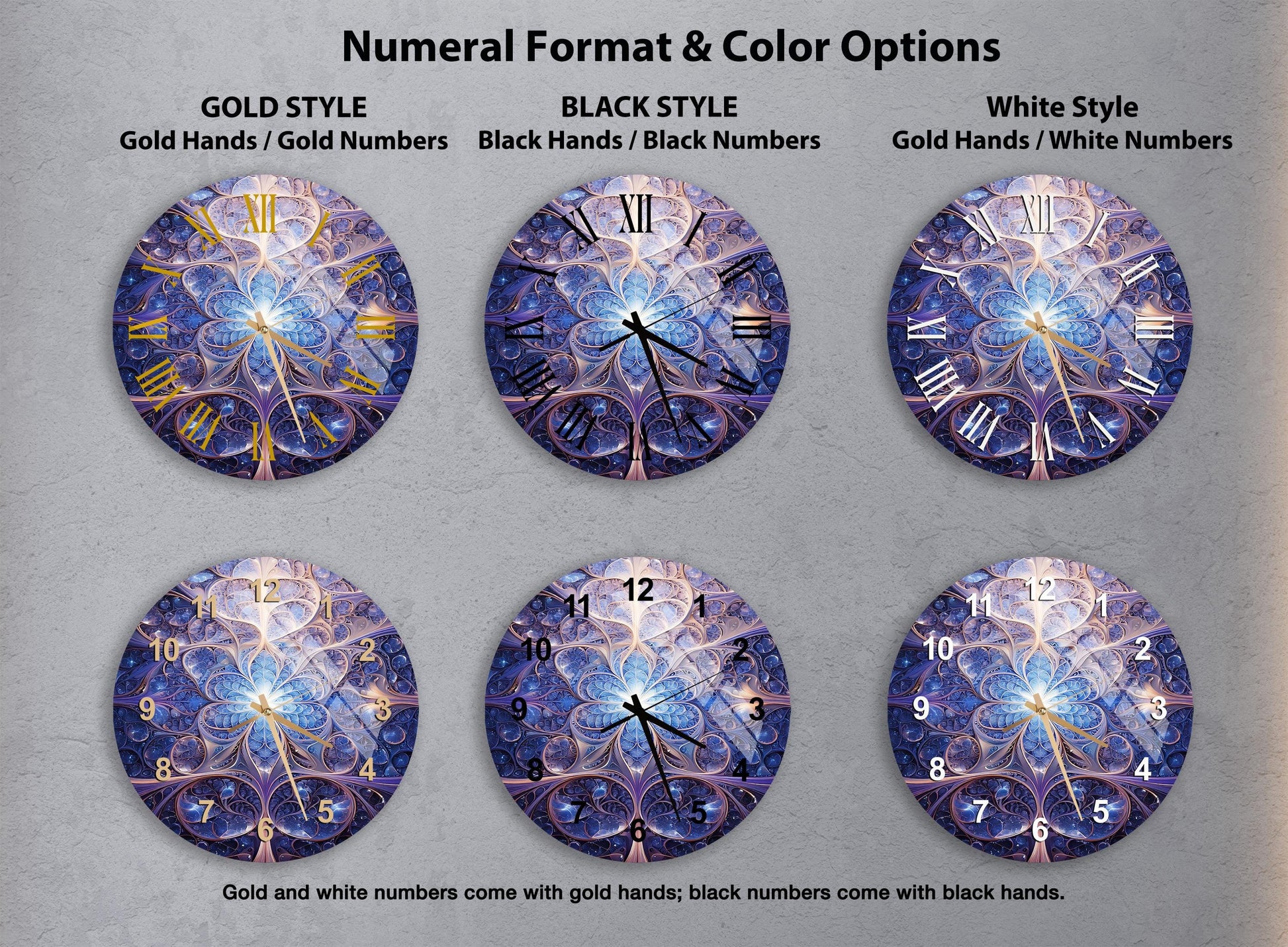 a set of four clocks with different designs on them