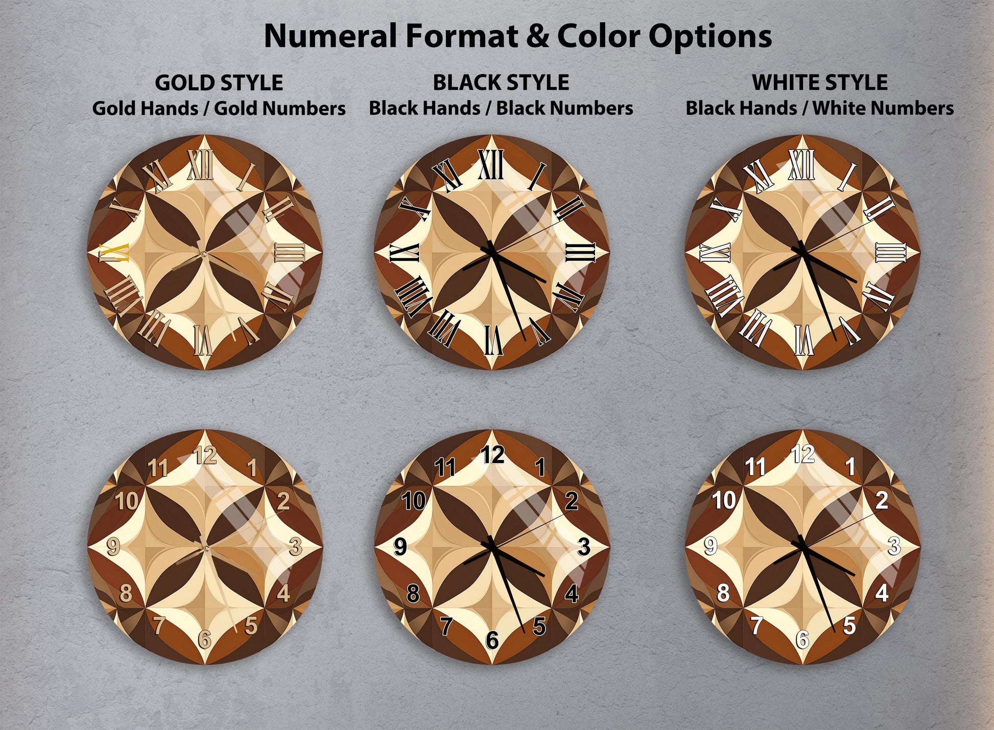 six different clock designs, each with a unique color and style, arranged in a grid format.