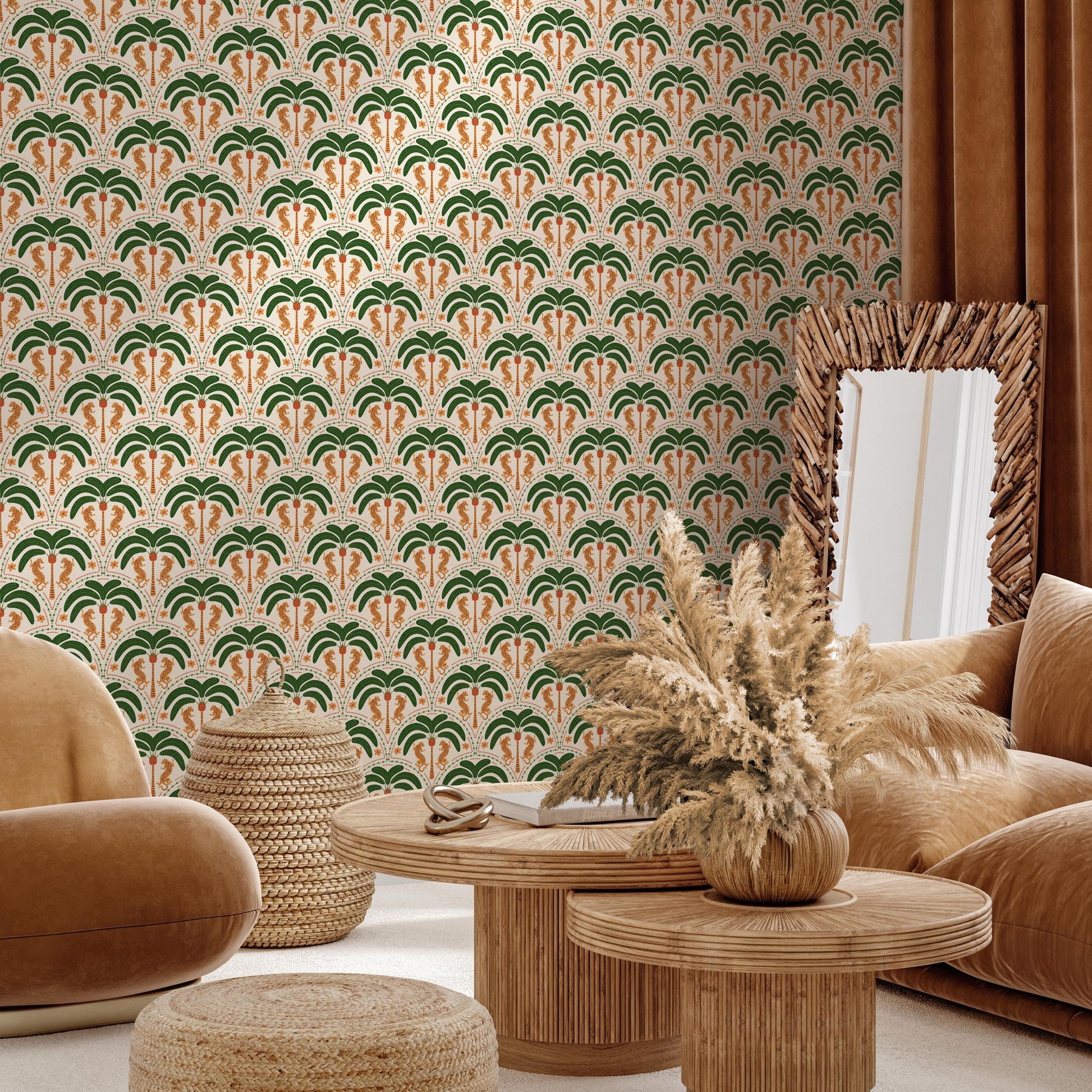 a living room with a patterned wallpaper, a brown sofa, a round wooden coffee table, and a mirror.