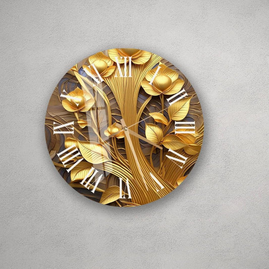 Gold Wall Clock - Glass Tempered 3D Effect Floral Wall Decor, Silent Mechanism