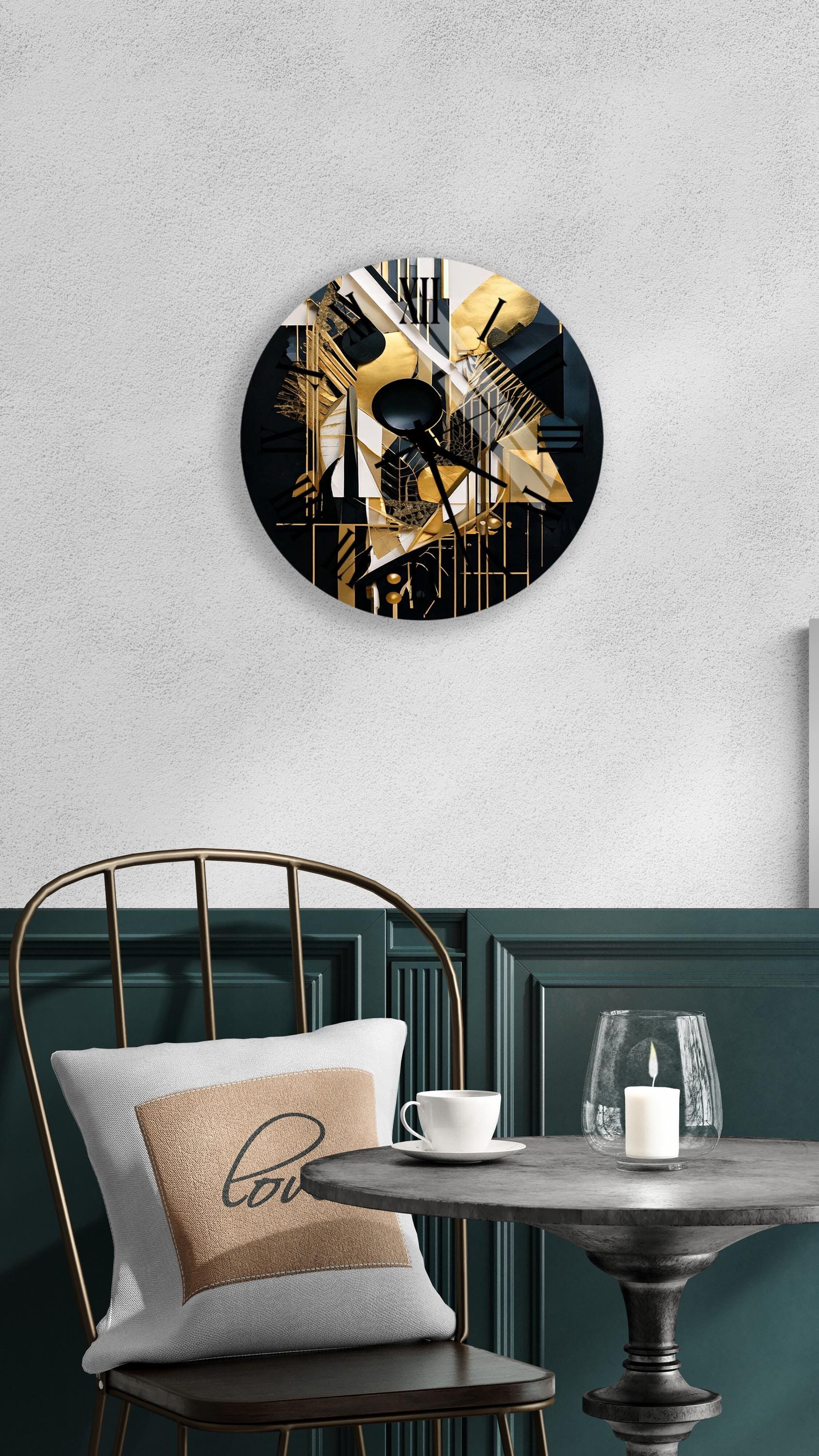 a table with a chair and a clock on the wall
