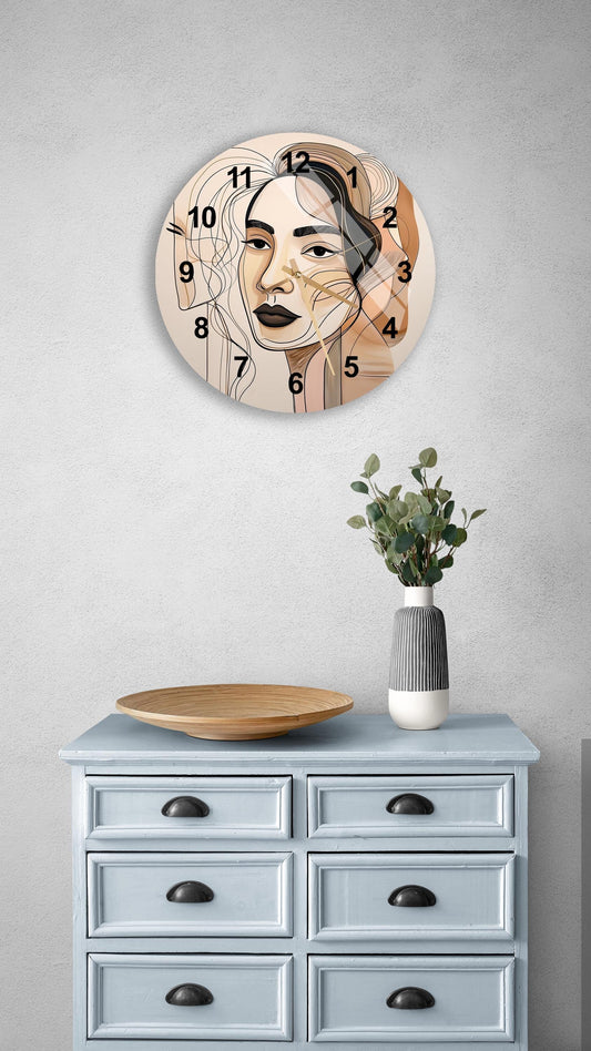 Abstract Glass Wall Clock – Modern Tempered Glass Clock | Beige Black Decor