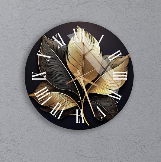 Tempered Glass Wall Clock – Gold Leaf Floral Decor | Modern Silent Kitchen Clock
