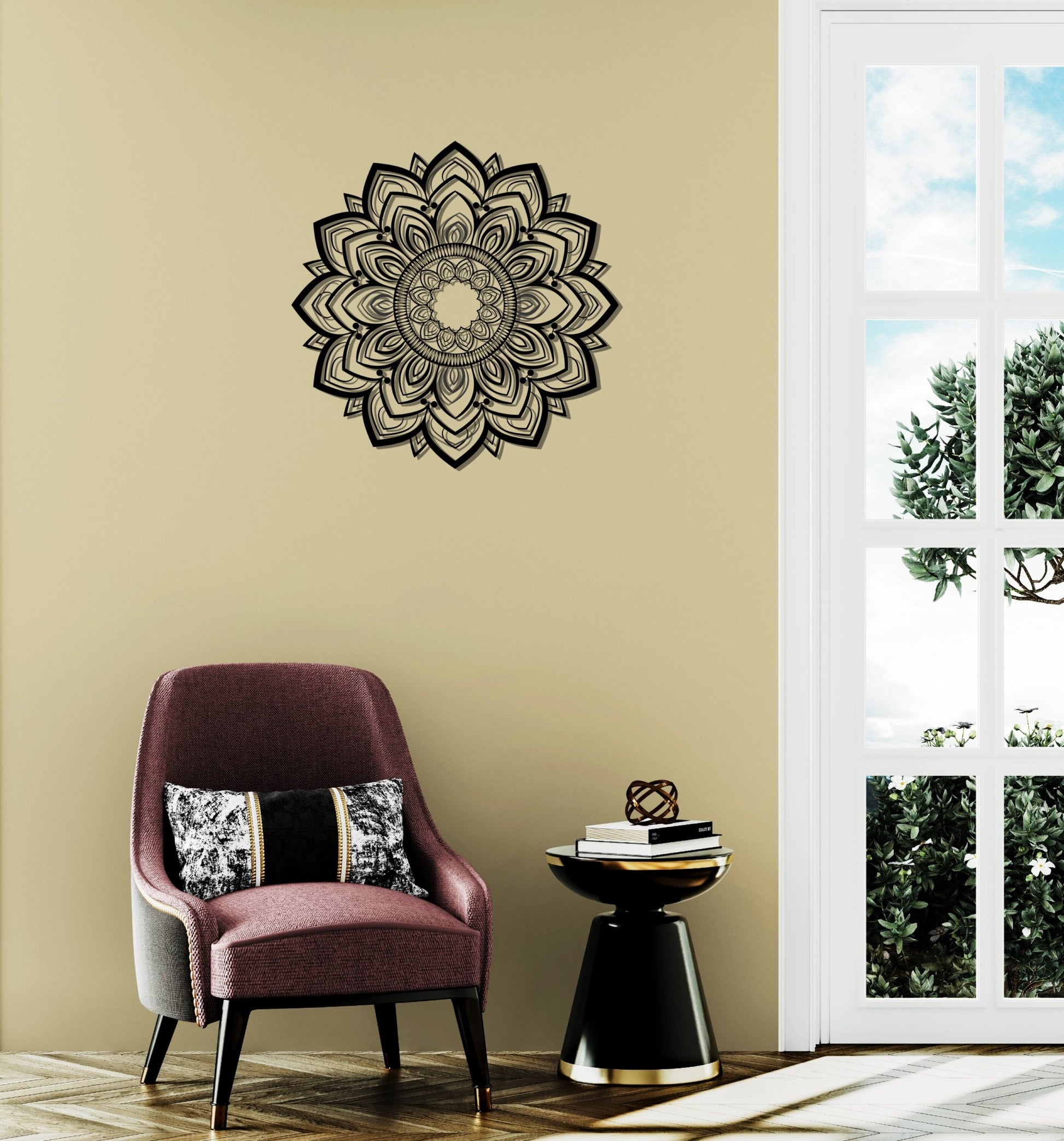 a living room with a chair and a window
