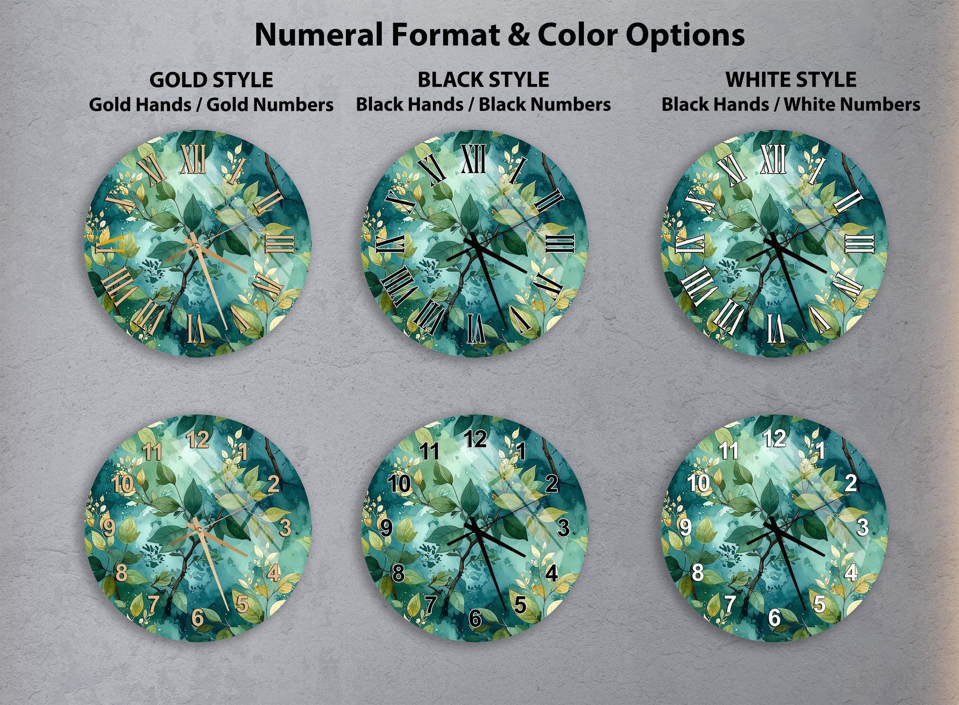six clock faces with different styles and color options, including gold hands, black hands, black numbers, black numbers, white hands, and white numbers.