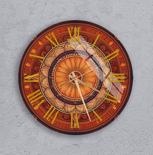 Boho Glass Wall Clock – Mandala Wall Art | Tempered Glass, Warm Colors Decor
