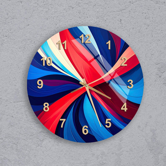 A colorful wall clock with a vibrant design featuring swirls and patterns in red, blue, and yellow.