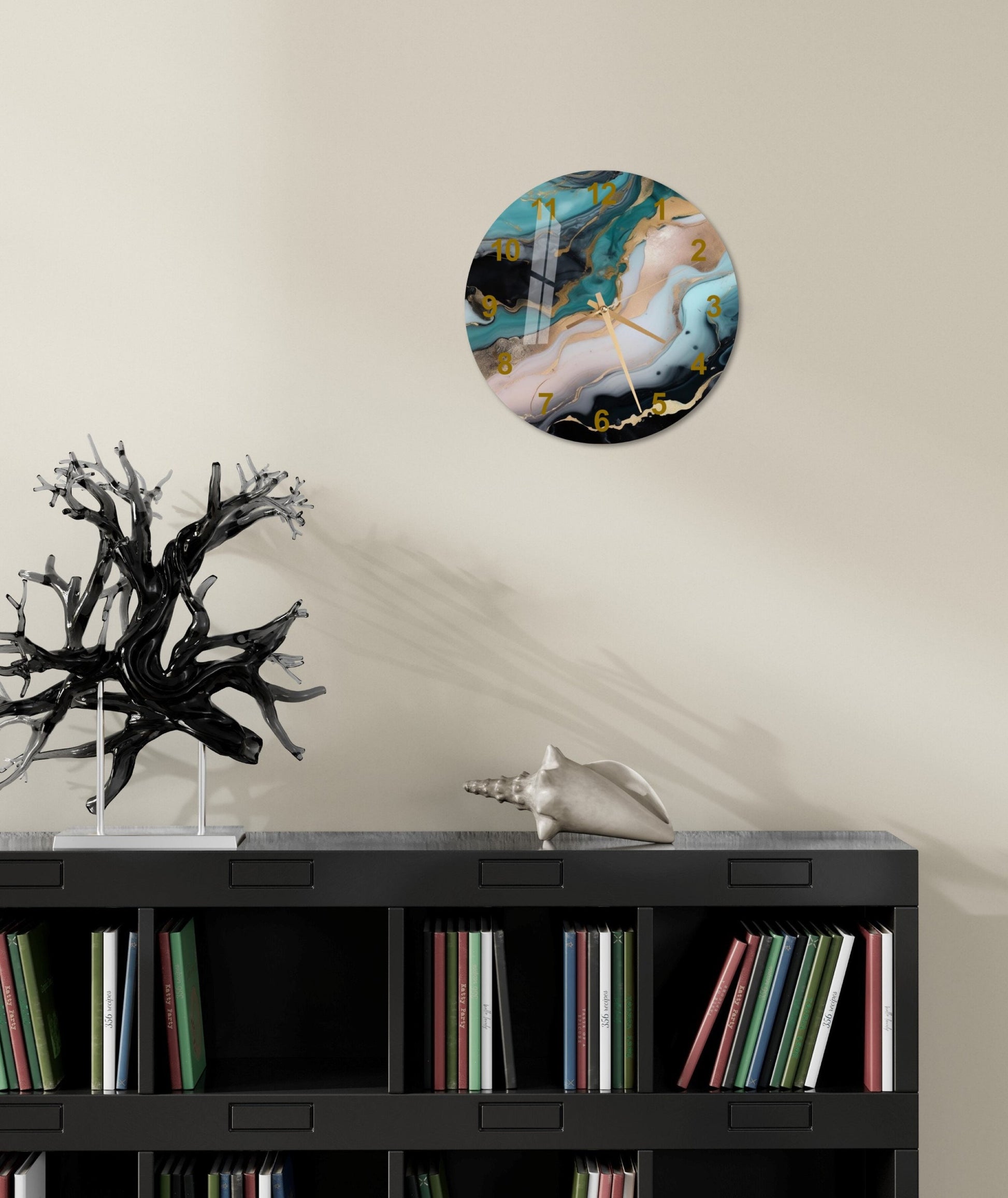 a book shelf with a vase and a clock on it