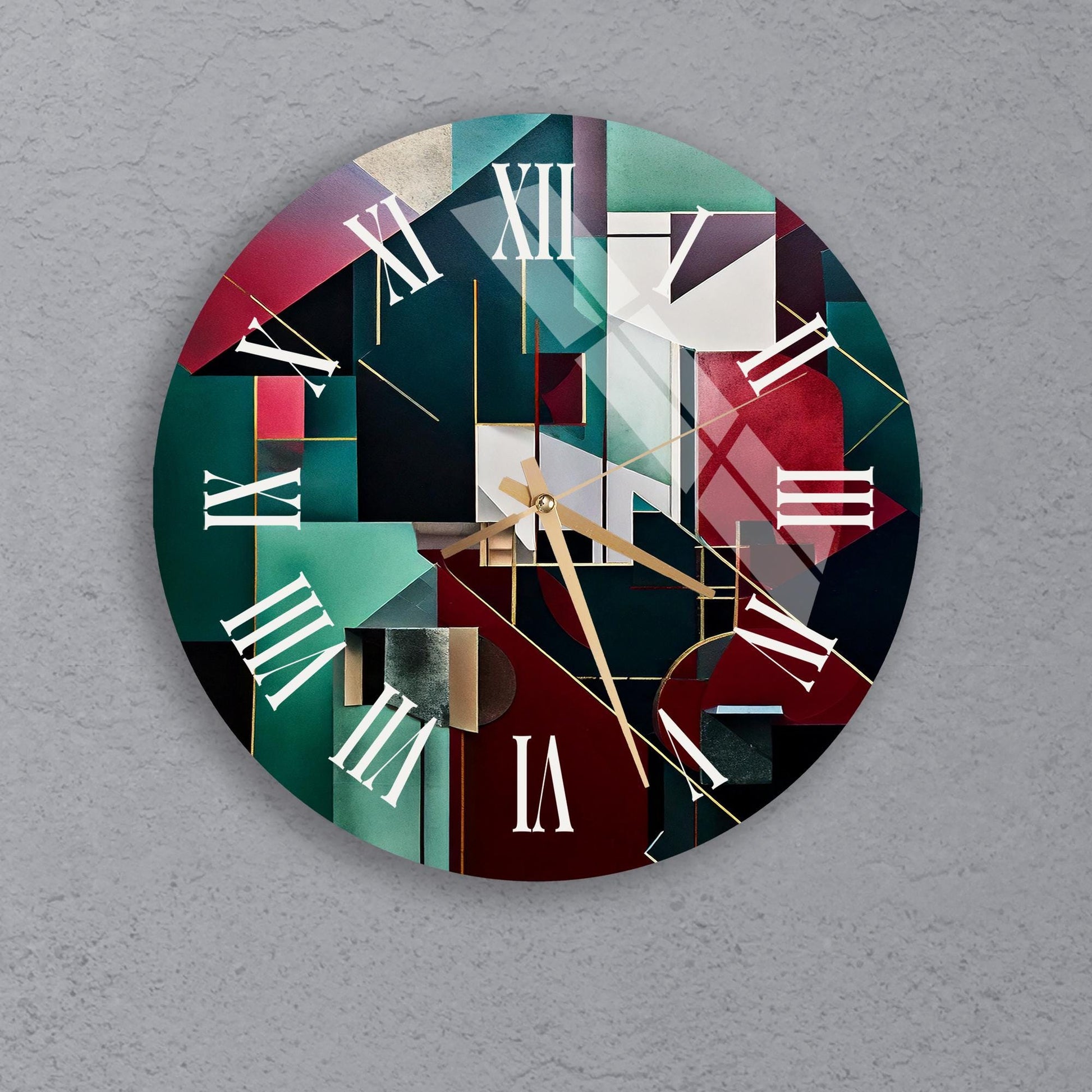 a clock with a multicolored design and roman numerals