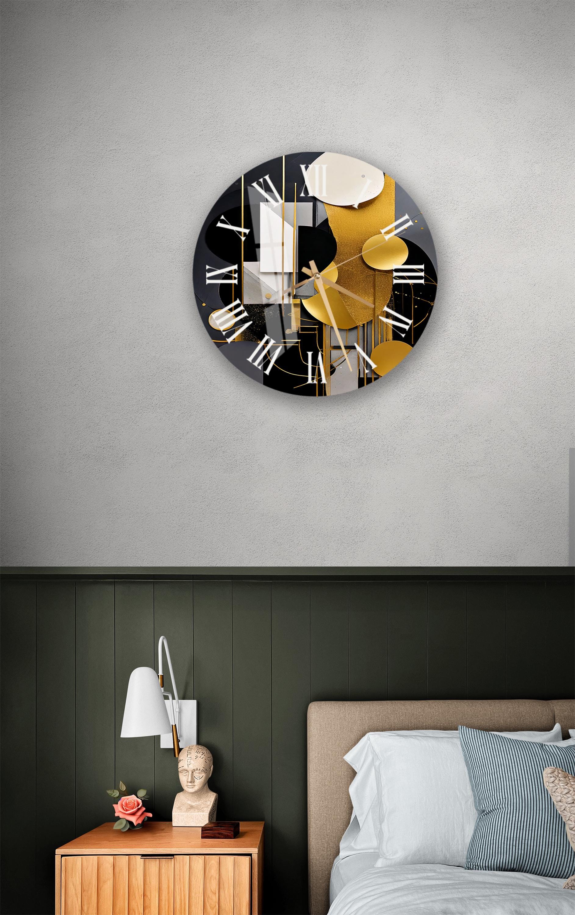 a bedroom with a bed and a clock on the wall