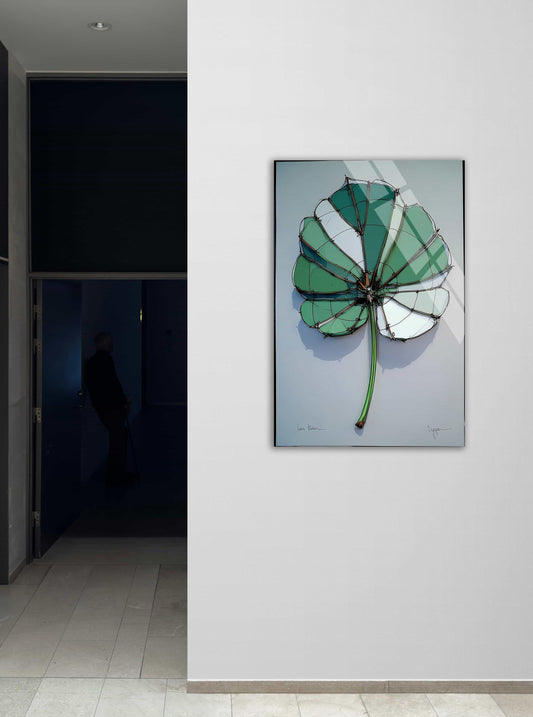 Abstract Tempered Glass Wall Art - Variegated Leaf Green White Botanical Decor