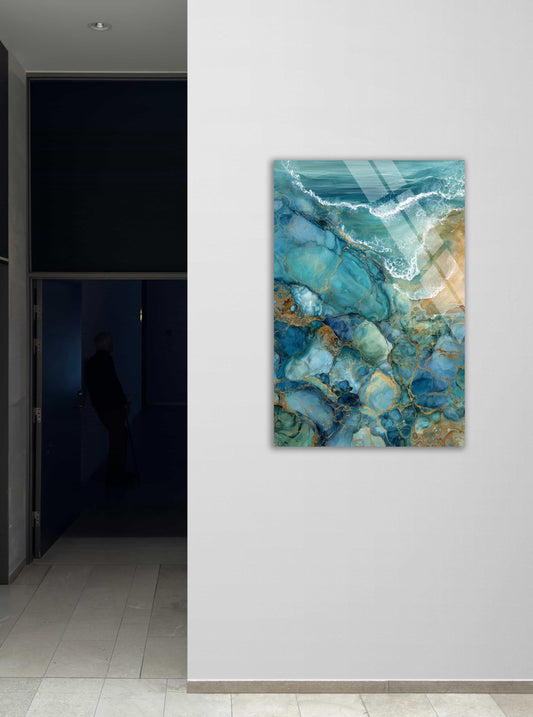 Tempered Glass Wall Art - Abstract Ocean Wave Decor | Teal Gold Marble Design