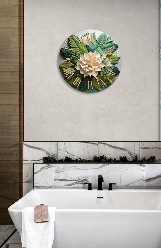 Tempered Glass Wall Clock – Green Tropical Floral, Silent Large Decorative Clock