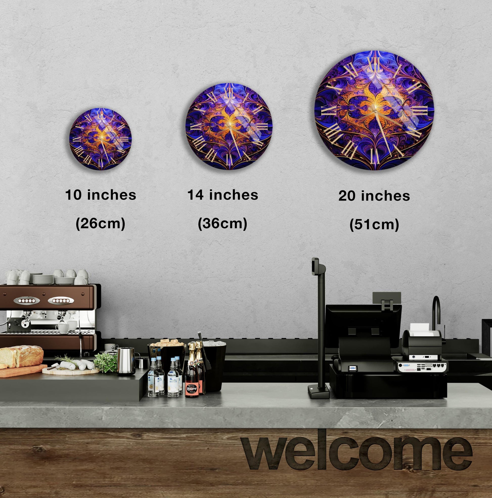 a kitchen counter with three clocks on the wall above it
