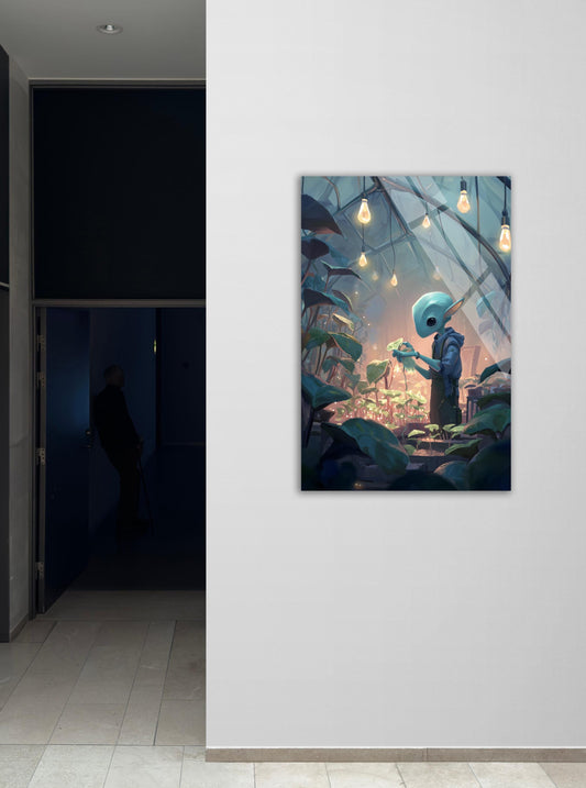 Tempered Glass Wall Art – Whimsical Space Botanical Art with Bioluminescent Plants