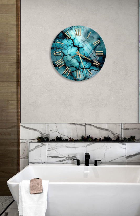 Tempered Glass Wall Clock – Teal Abstract Design | Modern Silent Sweep Clock