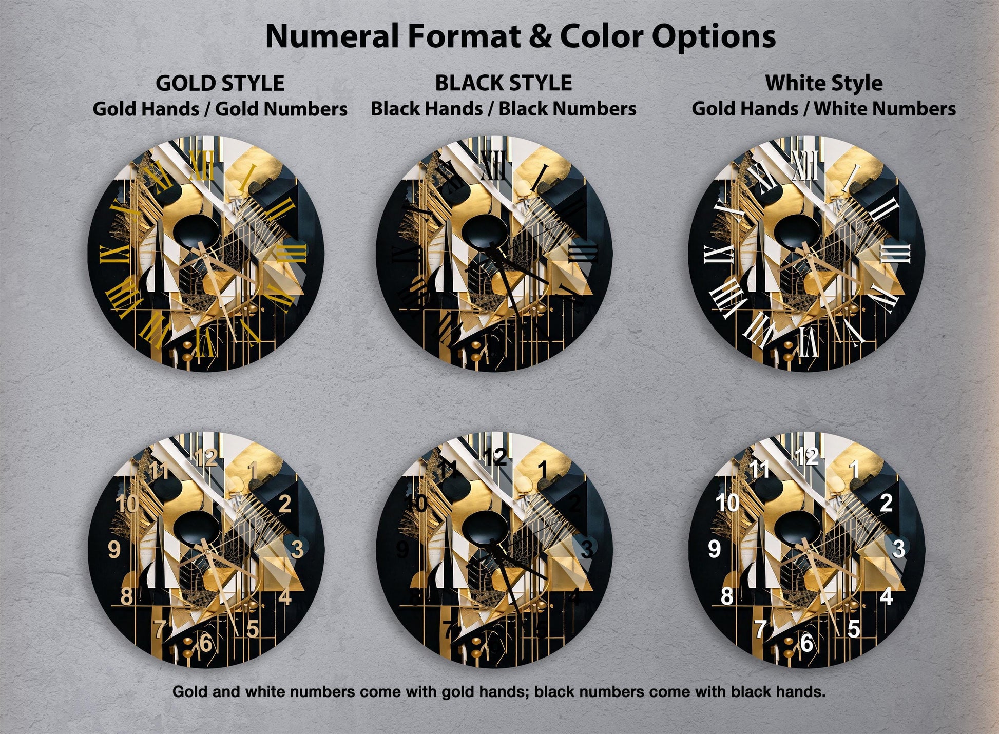 a set of four black and gold clocks
