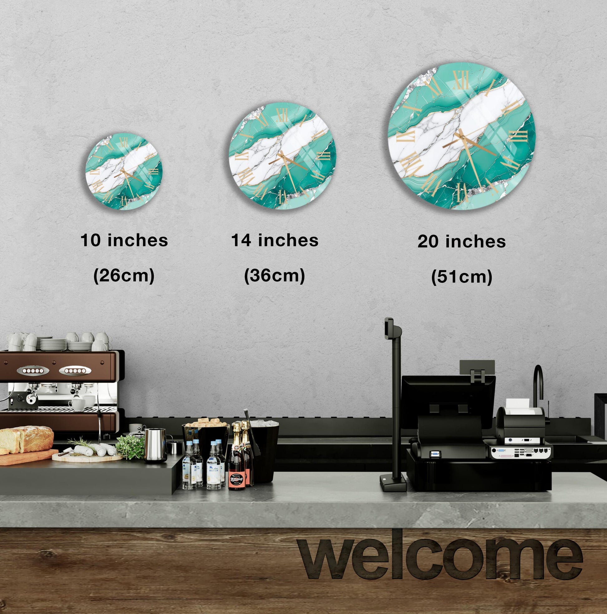 a counter with a cash register, a coffee machine, and various food items such as bottles and bread. Above the counter, there are three clock designs in different sizes, ranging from 10 inches to 20 inches. The image also includes text that reads "welcome" on the counter.
