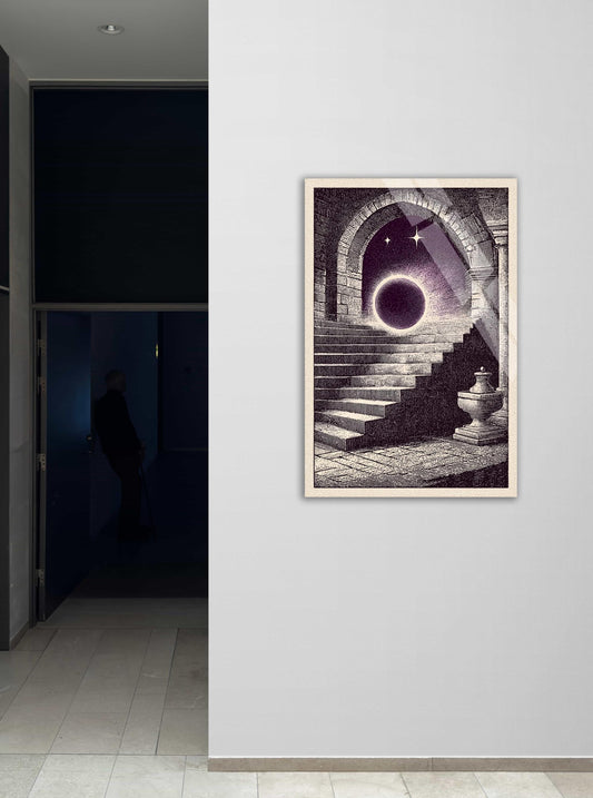 Tempered Glass Wall Art – Dark Academia Decor | Mystical Staircase Print