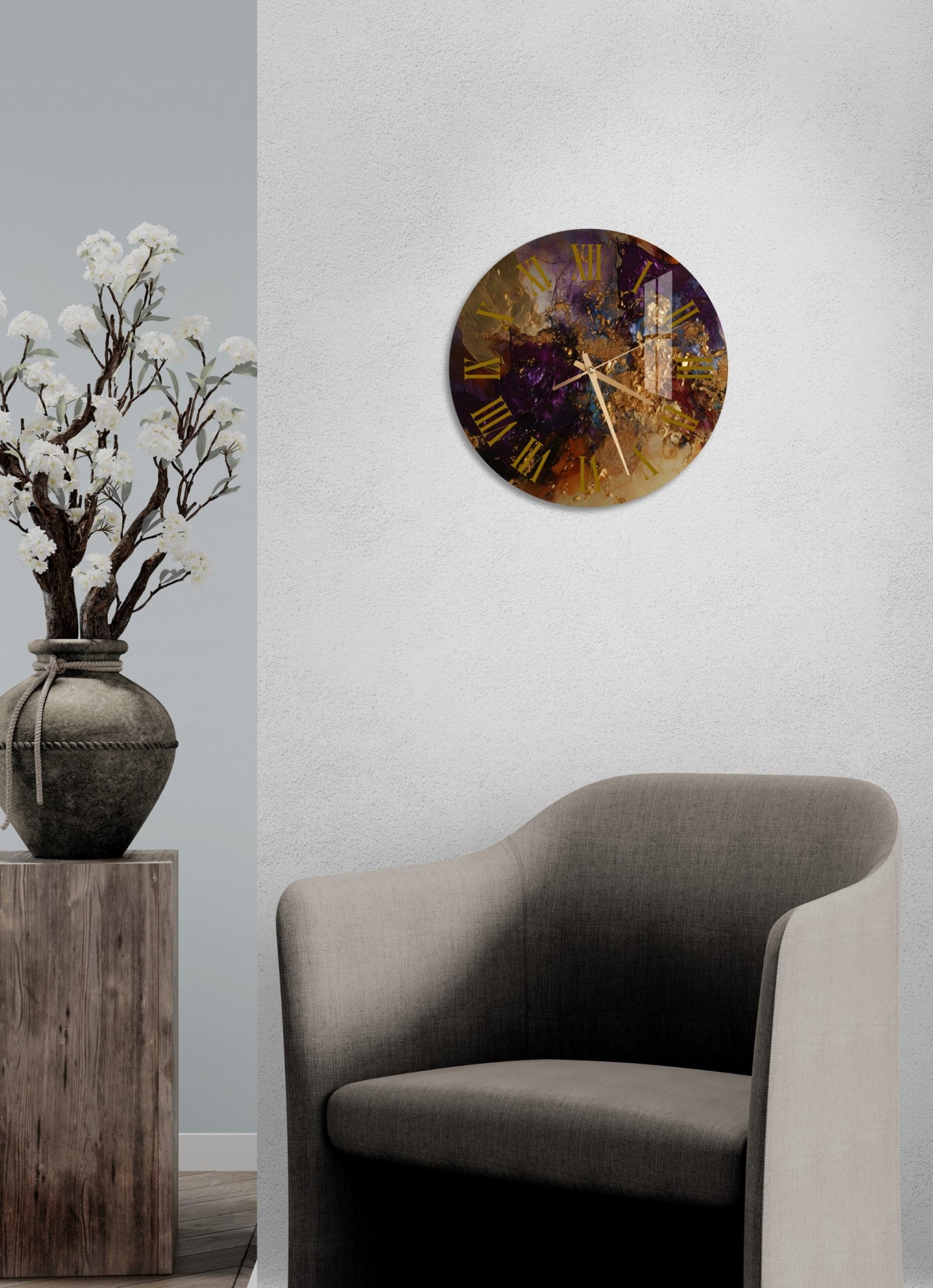 a clock on a wall next to a chair