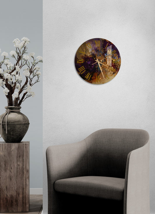 a clock on a wall next to a chair