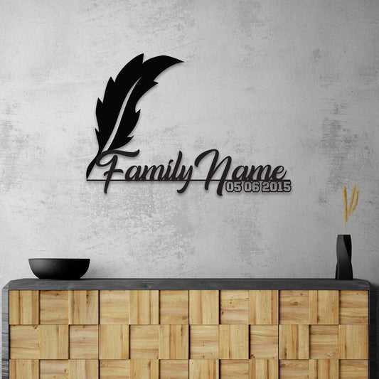 Personalized Metal Wall Art - Custom Family Name Sign with Feather Pen Design