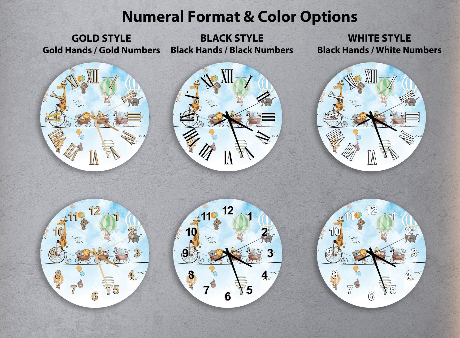 a collection of six round wall clocks with different styles and color options, including gold hands, black hands, black numbers, and white numbers.