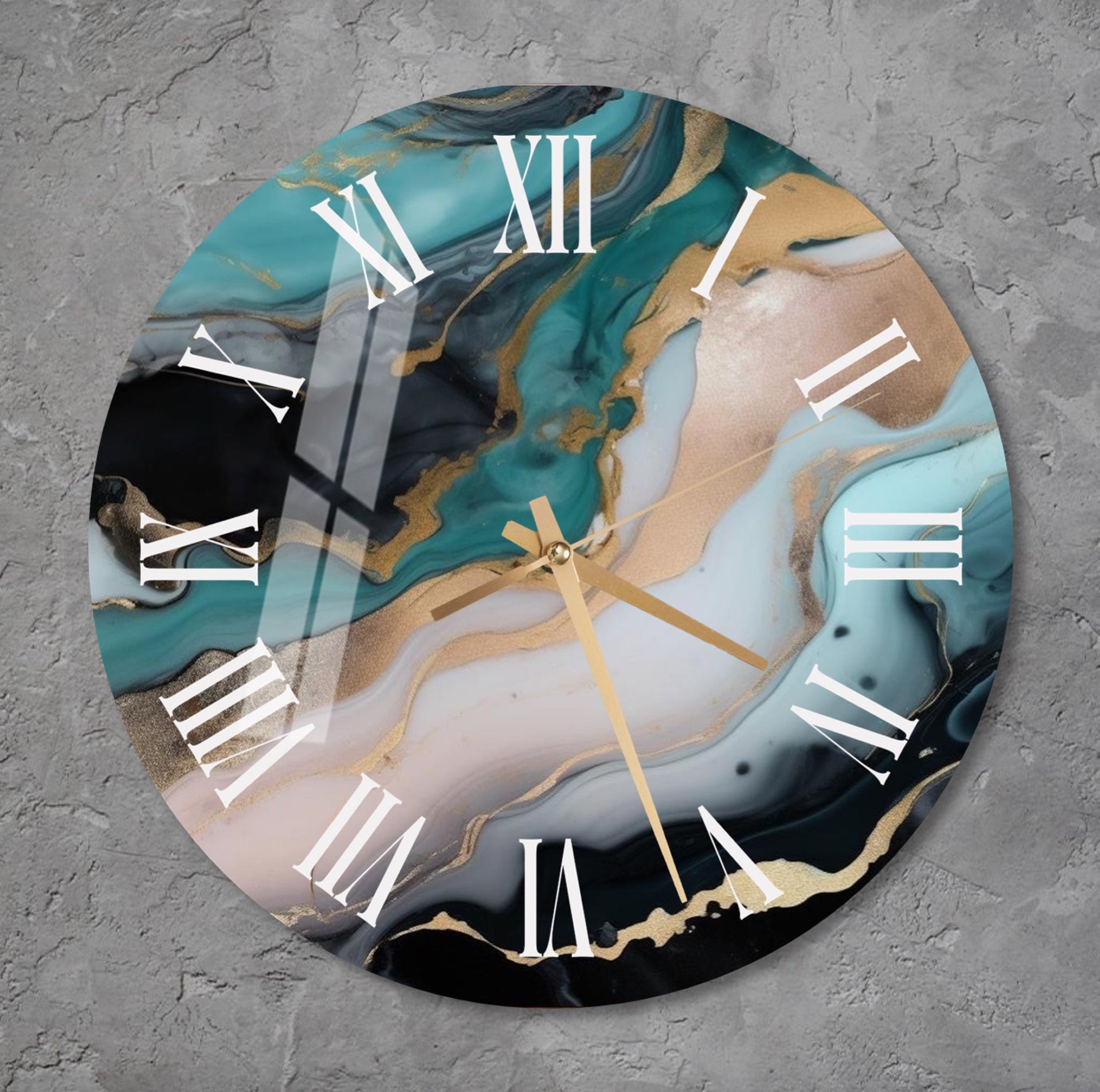a clock that has a marble design on it