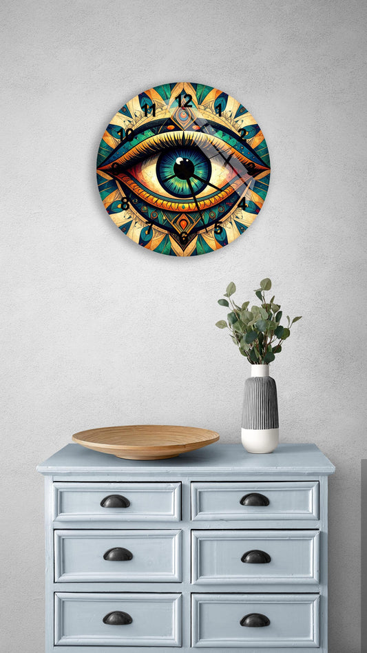 a wall clock with a large eye design on it, mounted on a wall above a light blue dresser with six drawers. The dresser also has a small plant and a wooden bowl on it.